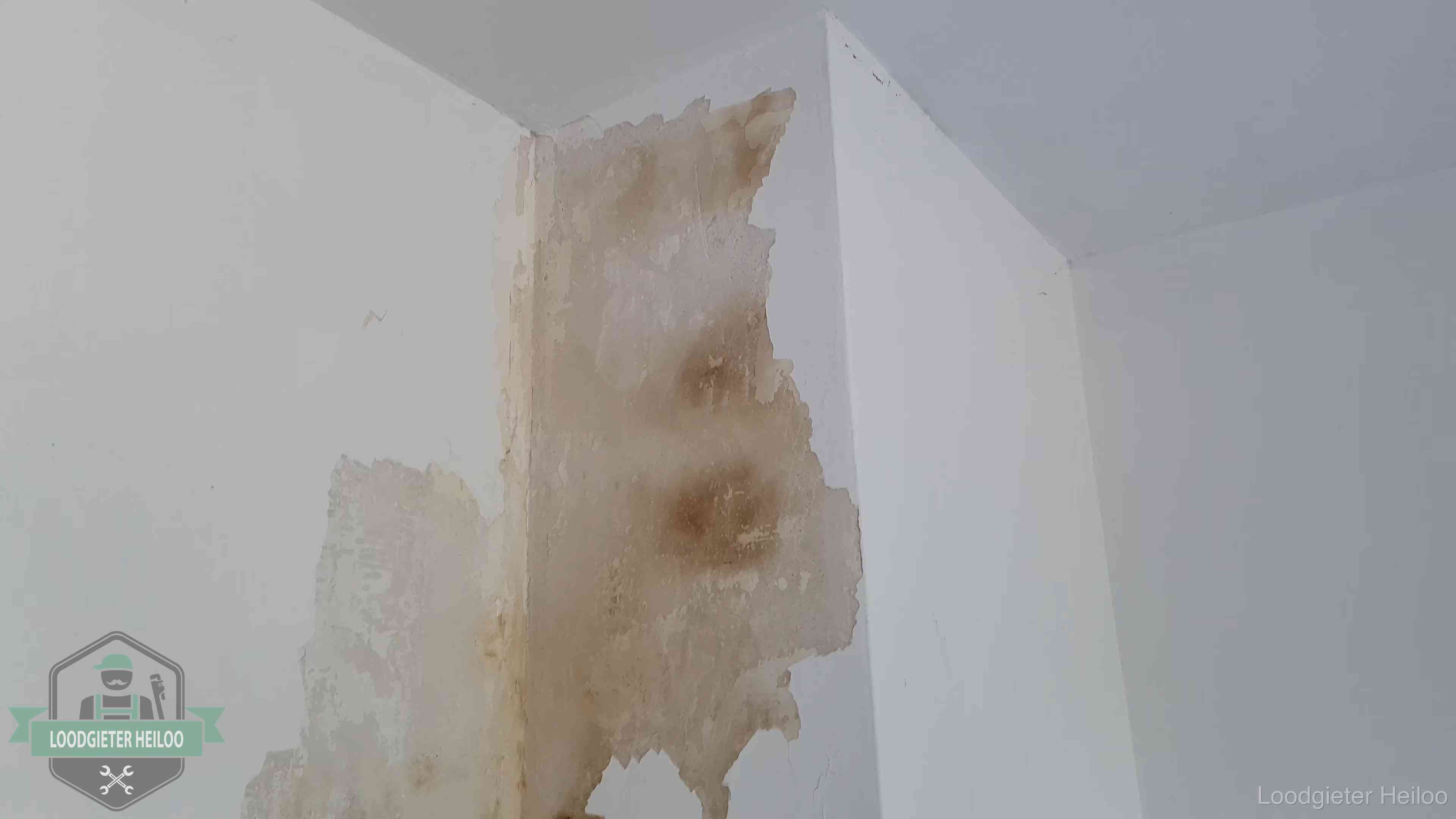 Bruine vochtkringen en afbladderend stucwerk op een binnenmuur in Heiloo, een eerste teken van daklekkage