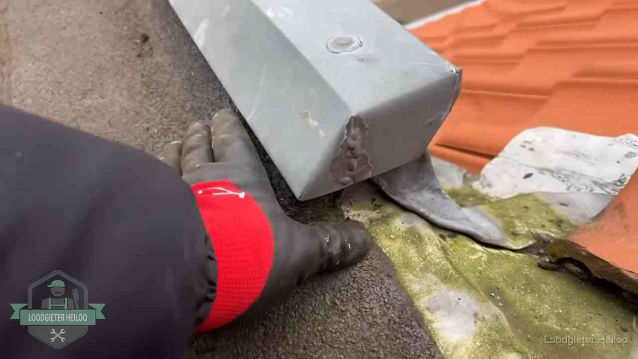 Controle van een zinken hemelwaterafvoer met loodslab bij dakpannen in Heiloo