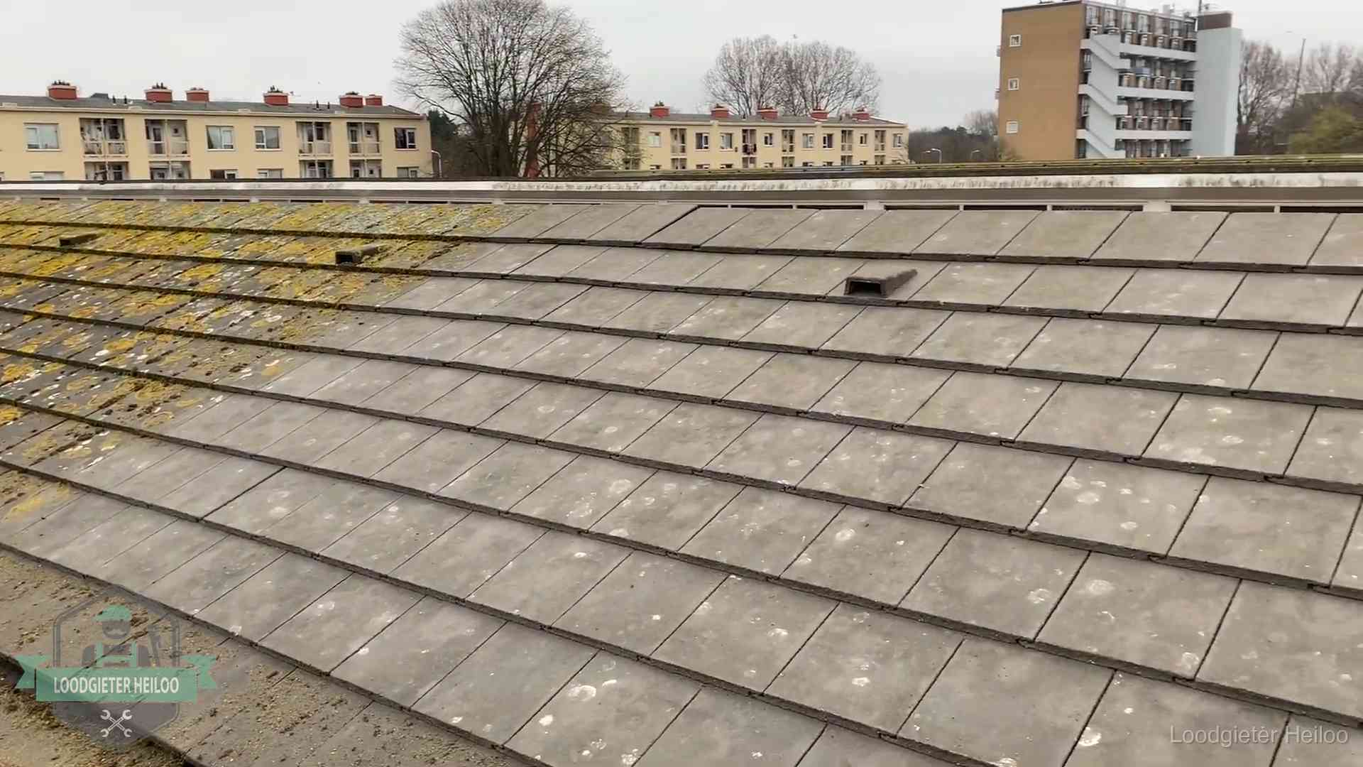 Schuin dak met betonpannen vol mos in Heiloo, een risico op lekkage bij de pannen